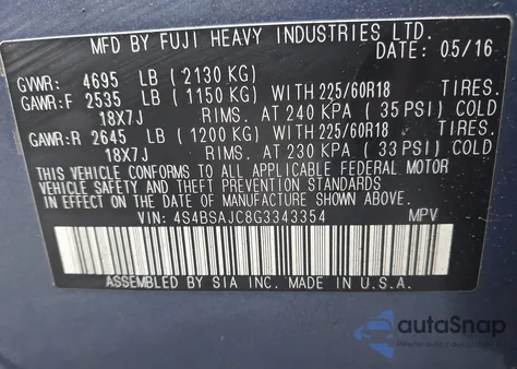 2016 Subaru Outback 2.5I Limited z USA, uszkodzony, nr VIN 4S4BSAJC8G3343354